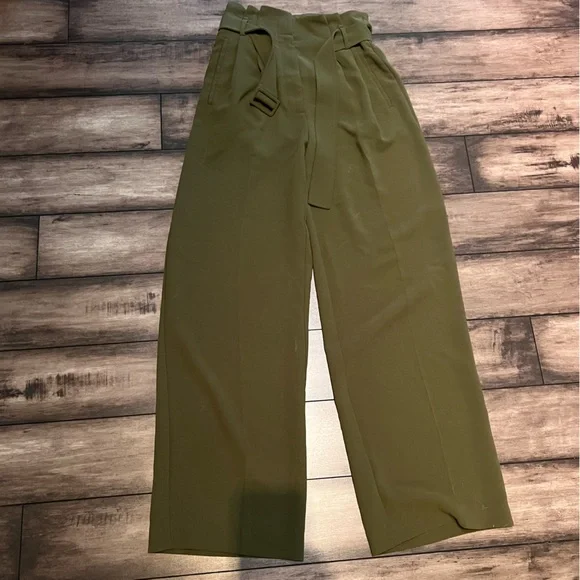 ARITZIA Wilfred Olive Green High-Waisted Wide Leg Belted Pants - Picture 9 of 14